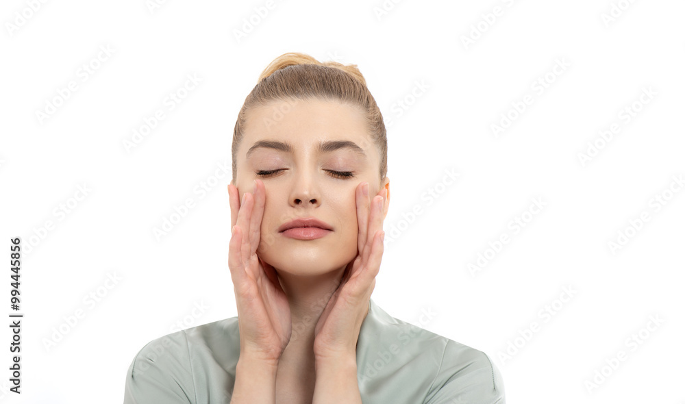 Beautiful young woman with closed eyes and clean perfect fresh skin and long eyelashes touching her face. Portrait of beauty model with natural makeup. Spa, skincare and wellness. Beautiful young woman with closed eyes and clean perfect fresh skin and long eyelashes touching her face. Portrait of beauty model with natural makeup. Spa, skincare and wellness.