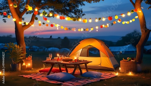 Enchanting dusk picnic scene adorned with string lights, a cozy teepee tent, and vibrant decorations photo