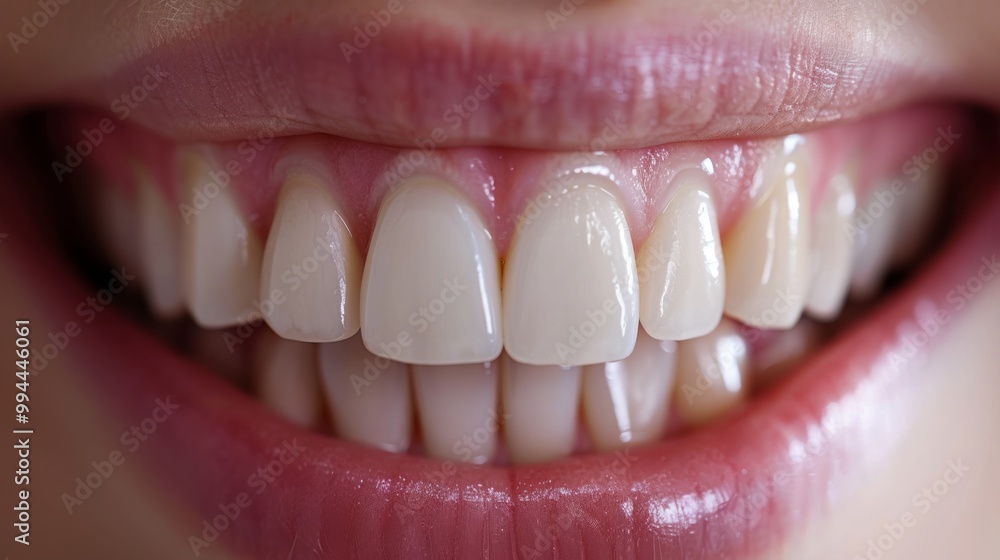 White smile. A close-up view of a row of teeth. The gums are a healthy pink, suggesting good oral hygiene. White smile. A close-up view of a row of teeth. The gums are a healthy pink, suggesting good oral hygiene.