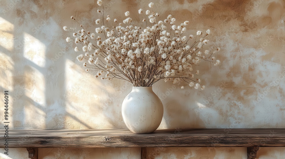 vase filled with dried flowers placed on a rustic wooden shelf against a warm beige wall creating a cozy and inviting atmosphere with a touch of elegance vase filled with dried flowers placed on a rustic wooden shelf against a warm beige wall creating a cozy and inviting atmosphere with a touch of elegance