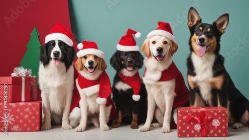 Six dogs in Santa hats panting with excitement surrounded by Christmas trees and presents.