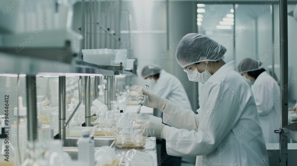 Scientists in white lab coats conducting experiments in a bright, sterile laboratory setting, representing scientific research in action. Scientists in white lab coats conducting experiments in a bright, sterile laboratory setting, representing scientific research in action.