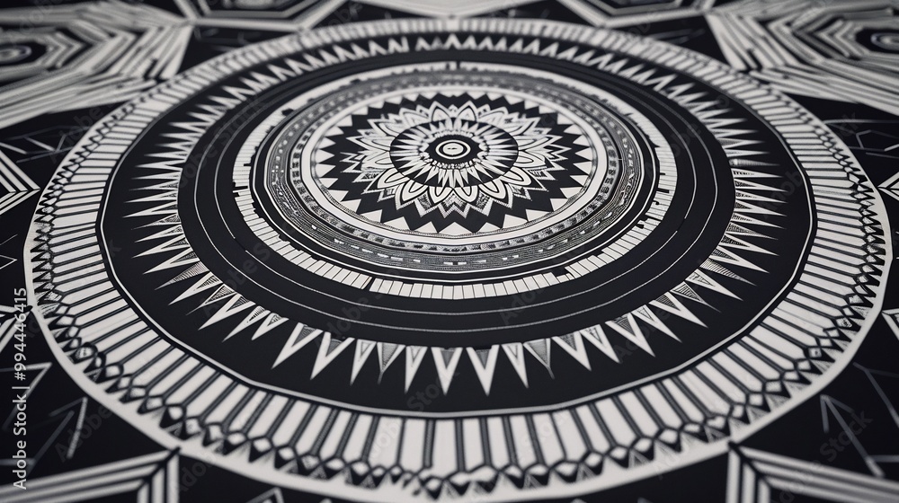 Obraz premium Geometric labyrinth design with intricate fractals and isometric patterns rendered in black and white for a stark minimalist effect