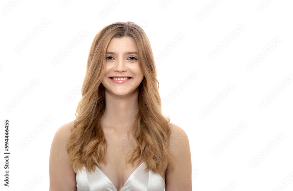 Beautiful young woman with long blond wavy flowing hair. Model with professional make up and curly hairdo. Spa and wellness. Haircare, shampoo and lotion. Isolated on white. Beautiful young woman with long blond wavy flowing hair. Model with professional make up and curly hairdo. Spa and wellness. Haircare, shampoo and lotion. Isolated on white.