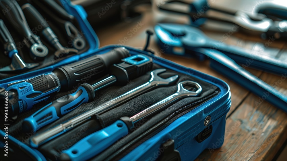 Fototapeta premium Set collection of blue screwdriver work tool in open case on the wooden table closeup, handyman home repair kit toolbox