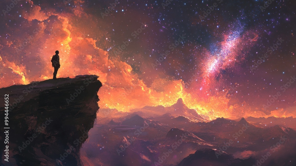 Silhouette of a Person on a Clifftop Against a Starry Night Sky with a Galaxy Silhouette of a Person on a Clifftop Against a Starry Night Sky with a Galaxy