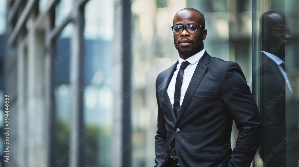 A businessman in a sharp suit stands confidently against a modern, glass-fronted building, exuding professionalism and urban sophistication. A businessman in a sharp suit stands confidently against a modern, glass-fronted building, exuding professionalism and urban sophistication.