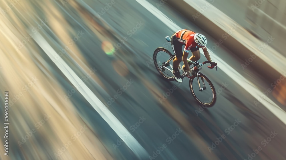 Fototapeta premium An aerial view of a cyclist riding on an open road, capturing the seamless flow and rhythm of a determined journey under the morning light.