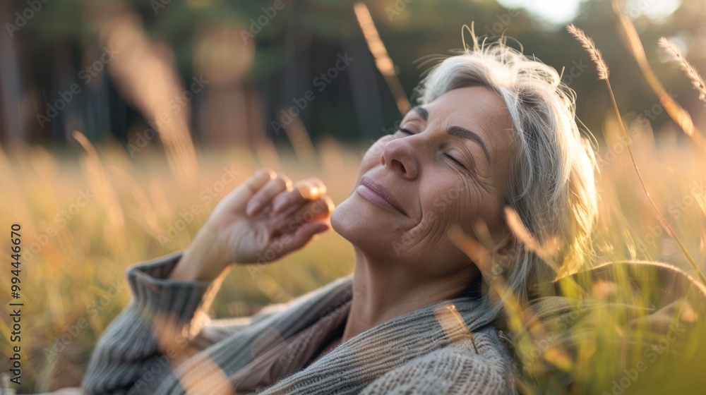 Obraz premium An older woman relaxing in a sunny field, eyes closed, blissfully enjoying the warmth of the sun on her face.