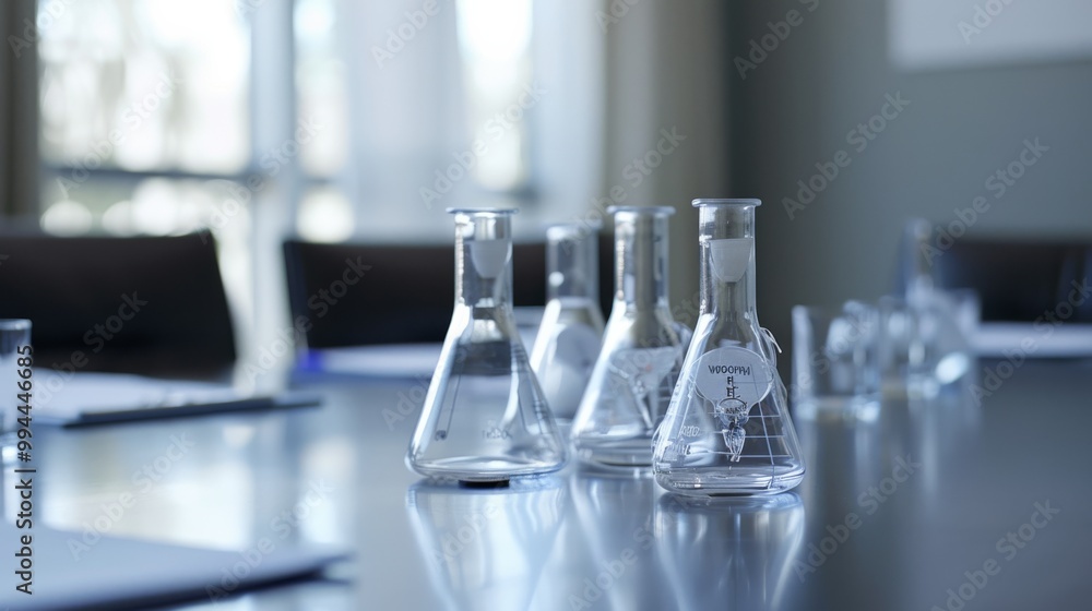 Clear laboratory flasks stand on a glossy conference table, merging the realms of science and business in a clean, modern setting. Clear laboratory flasks stand on a glossy conference table, merging the realms of science and business in a clean, modern setting.
