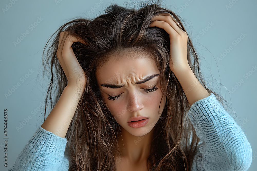 A woman shows intense frustration and stress by pulling her hair, vividly expressing irritation and emotional overwhelm in a tense moment.
A woman shows intense frustration and stress by pulling her hair, vividly expressing irritation and emotional overwhelm in a tense moment.