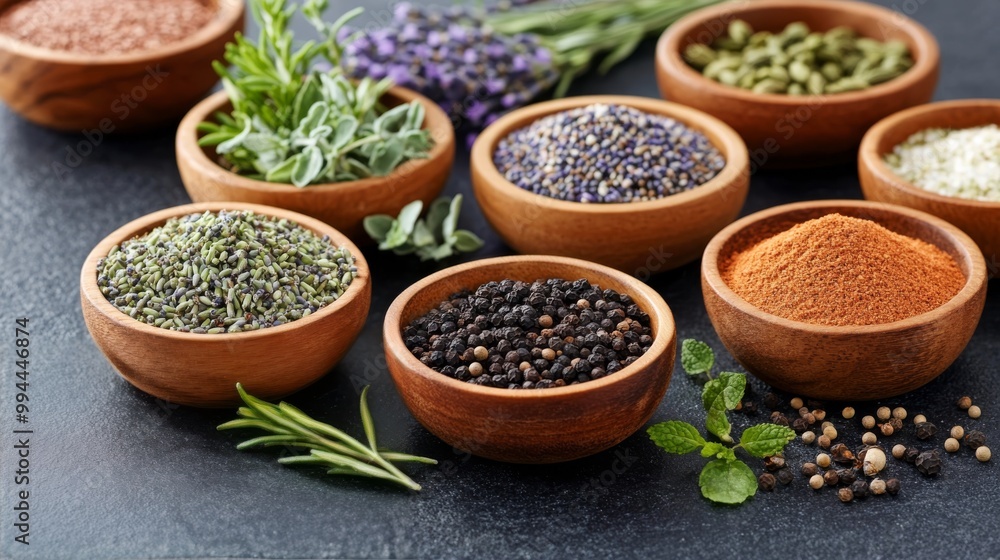 A colorful array of spices and herbs displayed in wooden bowls on a dark surface A colorful array of spices and herbs displayed in wooden bowls on a dark surface