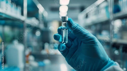 A hand in a blue glove holds up a vial of clear liquid in a scientific laboratory setting, emphasizing precision and cleanliness. photo