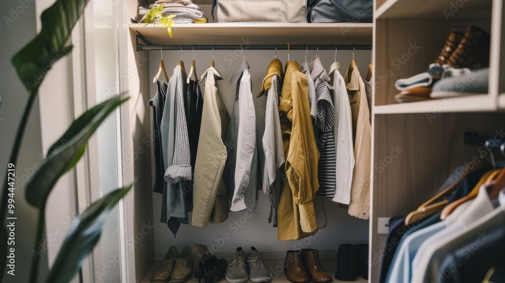 A neatly organized wardrobe filled with an array of clothes, shoes, and accessories, evoking a sense of order and style. A neatly organized wardrobe filled with an array of clothes, shoes, and accessories, evoking a sense of order and style.