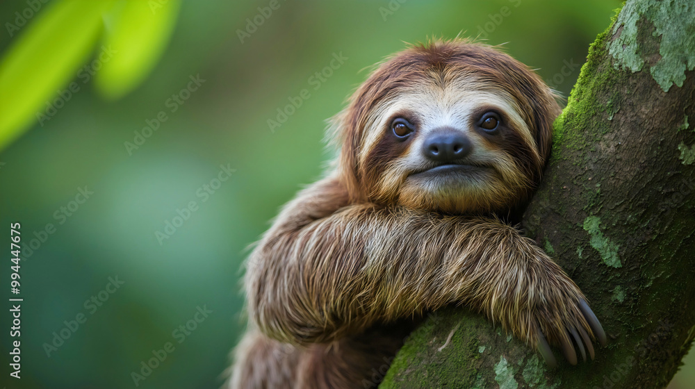 Sloth in summer jungle setting, wildlife in nature habitat, lazy animal on tree branch, forest scene with green foliage, cute tropical mammal hanging in rainforest Sloth in summer jungle setting, wildlife in nature habitat, lazy animal on tree branch, forest scene with green foliage, cute tropical mammal hanging in rainforest