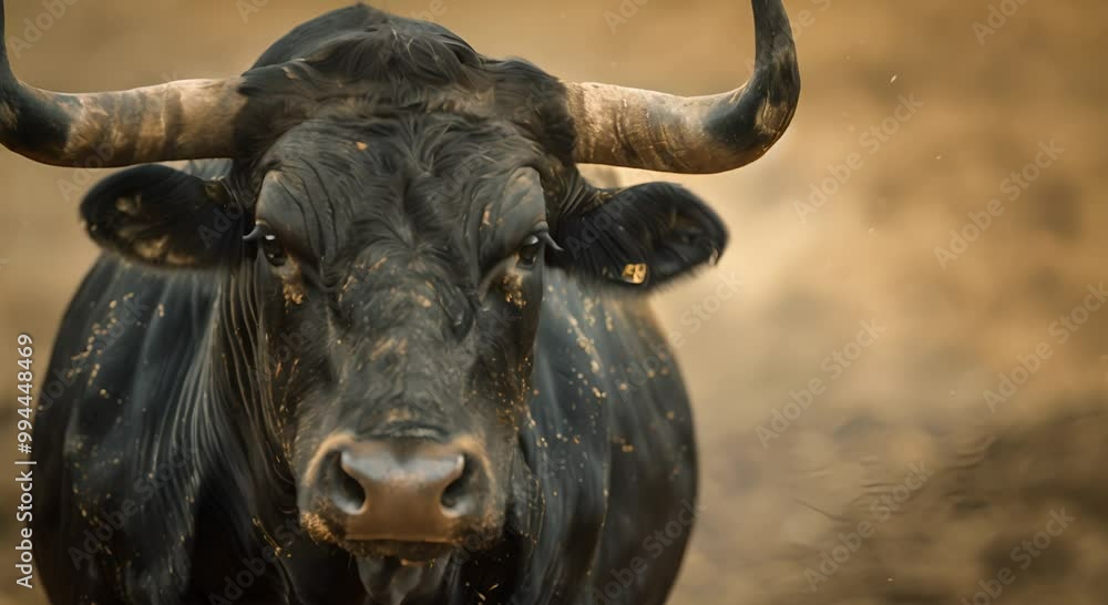 A Dark Bull With Speckles Gazing Intently, Against a Soft Blue Background A Dark Bull With Speckles Gazing Intently, Against a Soft Blue Background