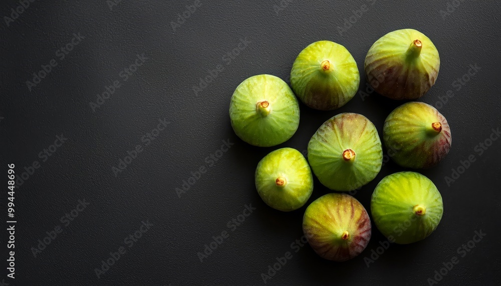 Set of fresh green figs on a black surface, top view with space for copying text Set of fresh green figs on a black surface, top view with space for copying text