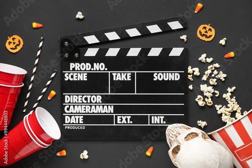 Composition with clapperboard, plastic cups, popcorn and Halloween decorations on dark background photo