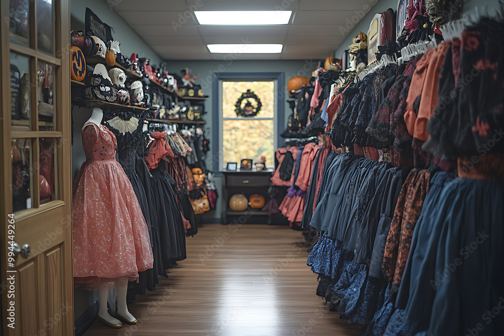 Boutique-style Halloween costume shop featuring kid-friendly ghost and vampire costumes. Displayed on racks and mannequins with bright colors, cute accessories, and modern twists on classics.
Boutique-style Halloween costume shop featuring kid-friendly ghost and vampire costumes. Displayed on racks and mannequins with bright colors, cute accessories, and modern twists on classics.