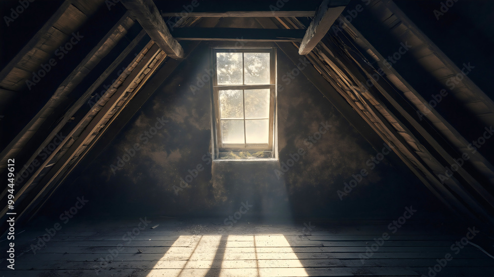 Attic filled with dust sunlight rays streaming through window old wooden beams dirty vintage interior abandoned house room illuminated dark background Attic filled with dust sunlight rays streaming through window old wooden beams dirty vintage interior abandoned house room illuminated dark background