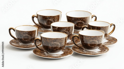 Six Brown and Gold Ceramic Coffee Cups and Saucers