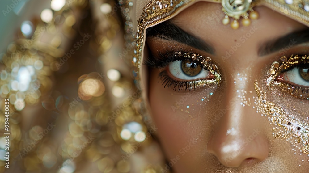 An extreme close-up showcasing the intricate details of full-face Muslim makeup, with a focus on gracefully enhanced features, understated elegance, and a hijab An extreme close-up showcasing the intricate details of full-face Muslim makeup, with a focus on gracefully enhanced features, understated elegance, and a hijab