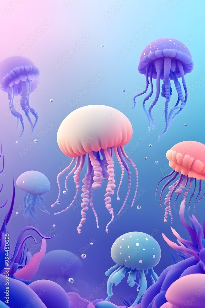 A 3D underwater universe with rounded planets and stars, featuring glowing jellyfish and sea creatures in pastel blues, purples, and pinks. A 3D underwater universe with rounded planets and stars, featuring glowing jellyfish and sea creatures in pastel blues, purples, and pinks.
