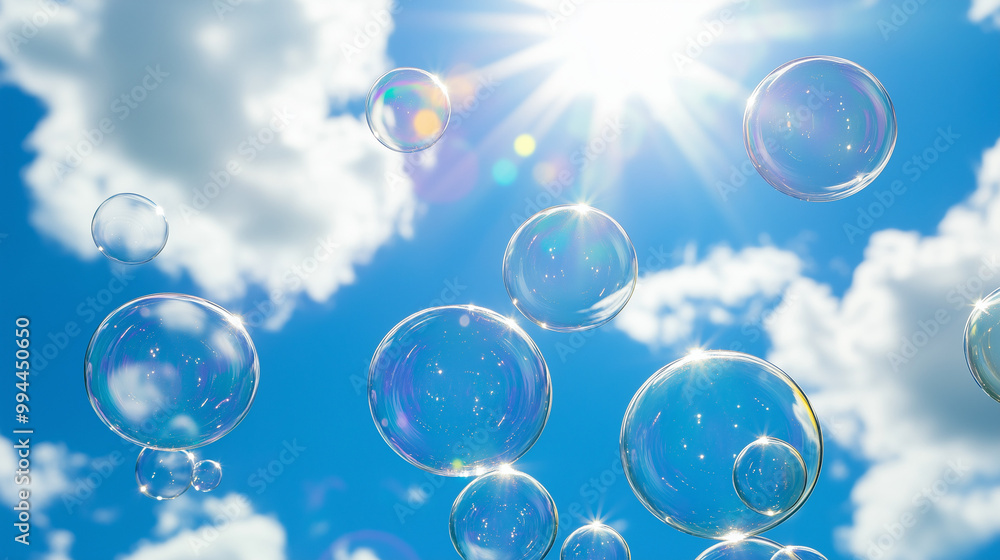 Bubbles floating in bright blue sky with glowing sunlight Bubbles floating in bright blue sky with glowing sunlight
