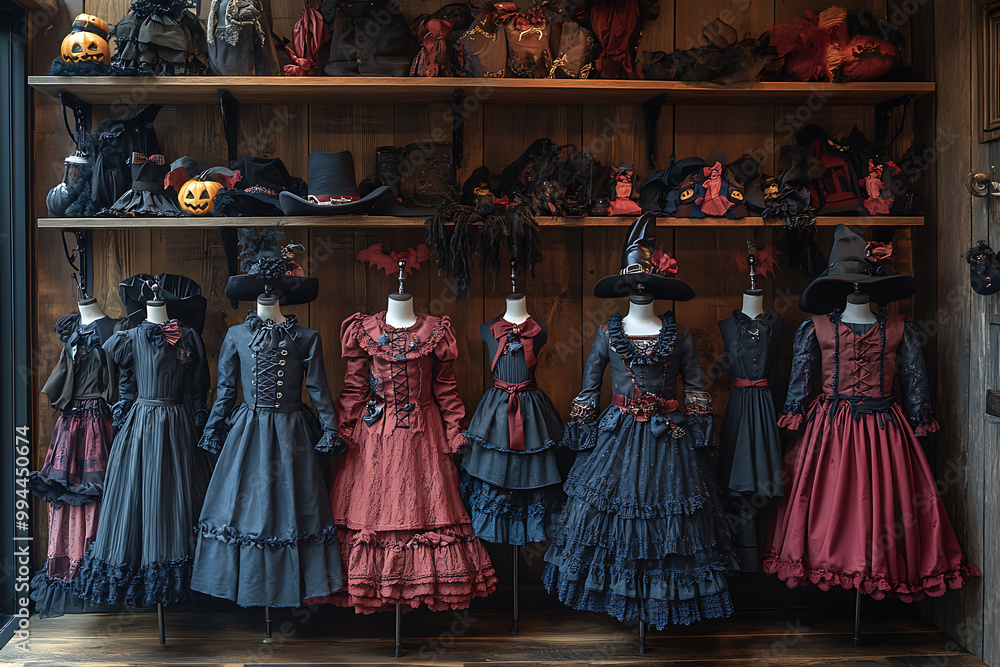 A boutique-style Halloween shop featuring modern children's costumes, specializing in ghosts, vampires, and other spooky-themed outfits for a stylish Halloween.
A boutique-style Halloween shop featuring modern children's costumes, specializing in ghosts, vampires, and other spooky-themed outfits for a stylish Halloween.