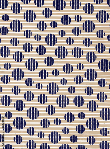 A pattern of navy blue textured circles overlaid on horizontal white stripes, creating a visually appealing and modern design.