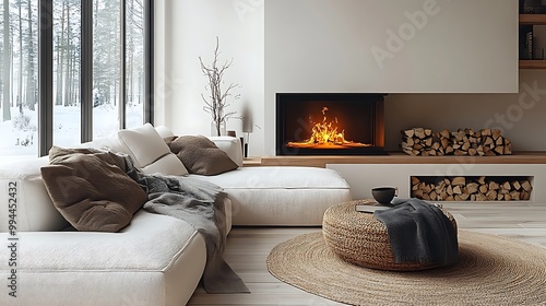 Wallpaper Mural  White corner sofa near fireplace. Scandinavian home interior design of modern living room.  Torontodigital.ca
