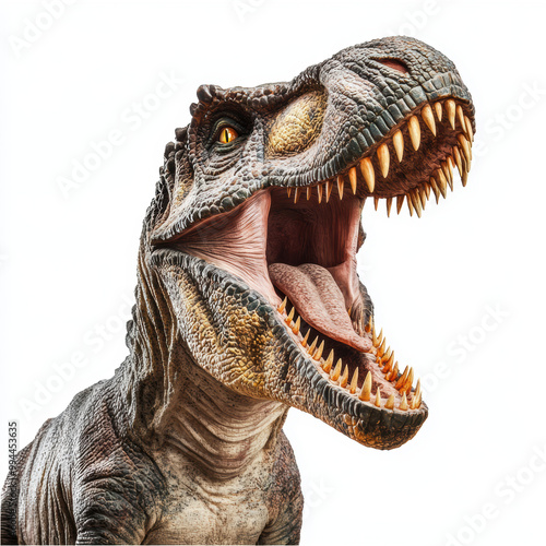 Fierce Tirannosaurus rex dinosaur with open mouth roaring. T-Rex isolated in white background. photo