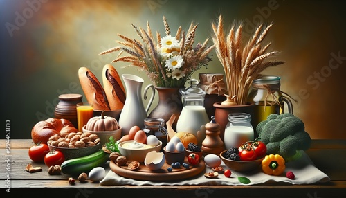 A rustic still life with fresh produce and kitchenware on a wooden table, evoking warmth and natural charm. photo