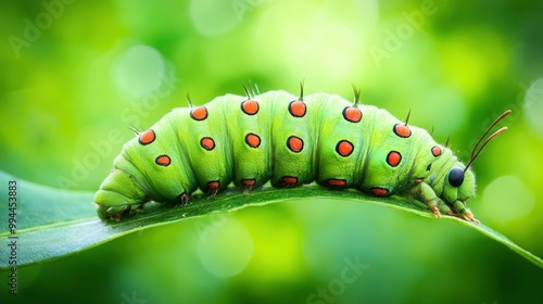 Green and Red Spotted Caterpillar on a Leaf photo