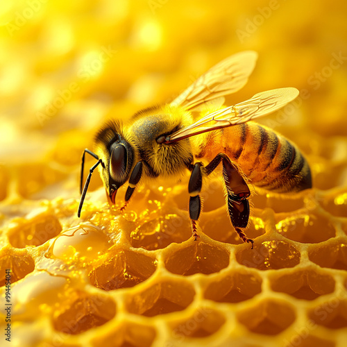 A close up view of honey bee on honeycomb, showcasing its intricate details and vibrant yellow hues. bee is actively collecting nectar, highlighting beauty of natures pollinators