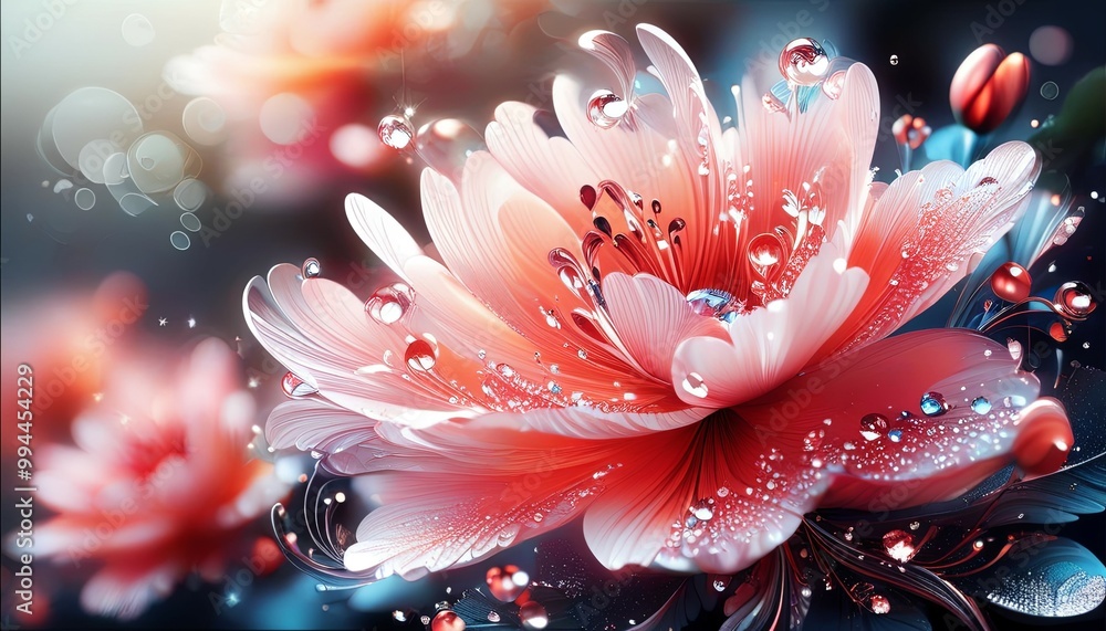 a magical background, large blooming flowers with magical droplets in the form of precious stones, shimmering. a magical background, large blooming flowers with magical droplets in the form of precious stones, shimmering.