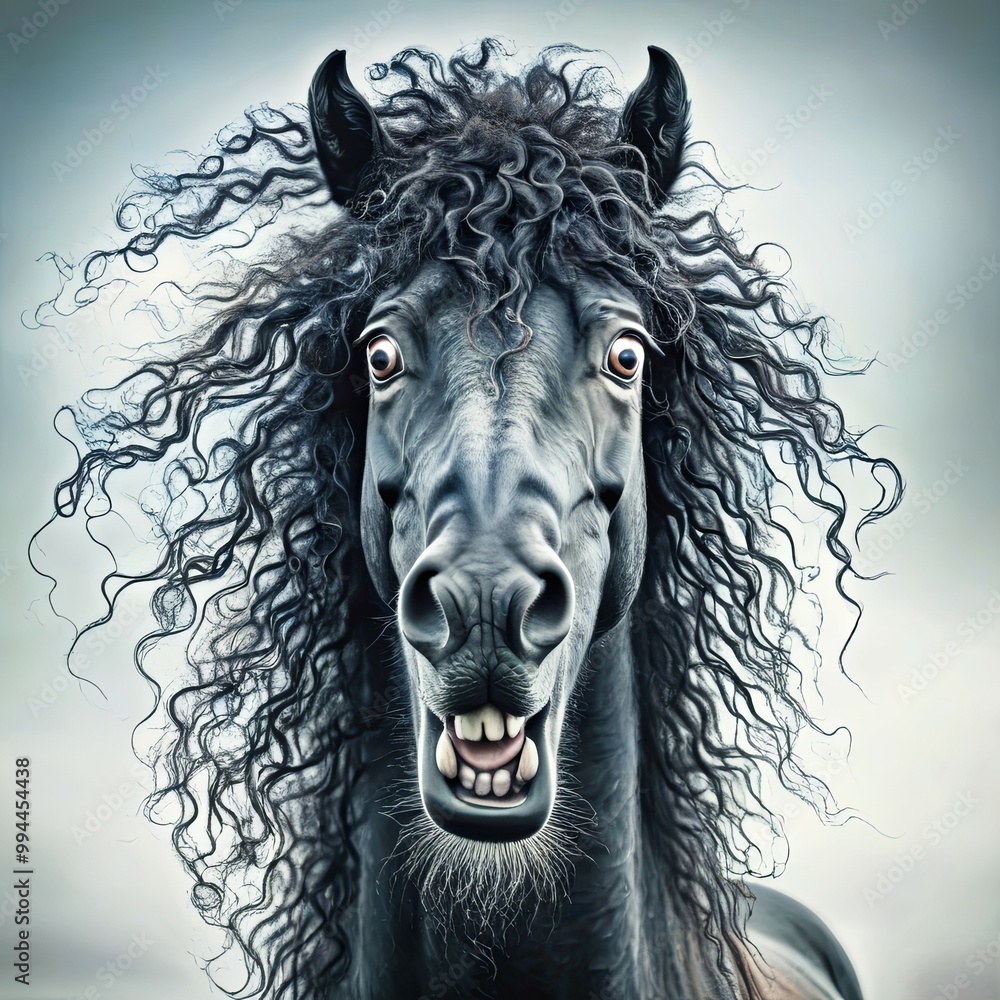 Obraz premium A gray pencil-drawn shadow horse neighs grinning with curly flowing hair on a mane on a white background
