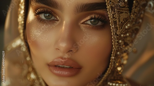 An ultra-high-definition photo showcasing Eid makeup inspiration, with emphasis on defined brows, shimmery eyeshadows, and a touch of glitter, 