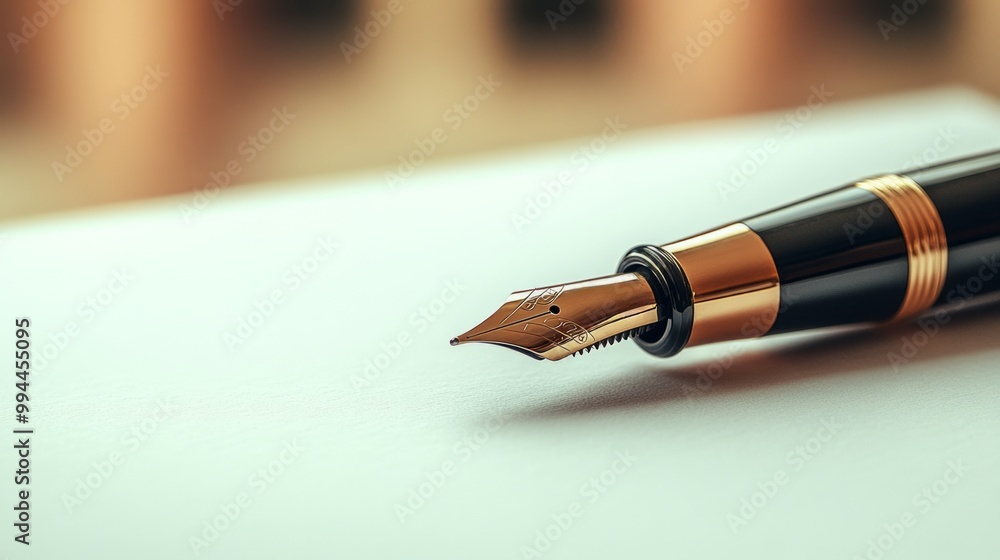 close-up of a golden fountain pen lying on a blank sheet of paper close-up of a golden fountain pen lying on a blank sheet of paper