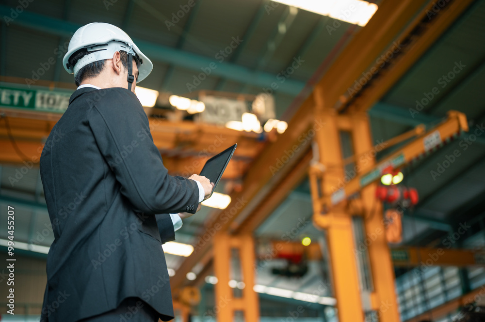 engineer, technician, architect, distribution, manufacturing, industrial, machine, manager, warehouse, helmet. A man in a suit is looking at a tablet. He is wearing a hard hat and focused on his work. engineer, technician, architect, distribution, manufacturing, industrial, machine, manager, warehouse, helmet. A man in a suit is looking at a tablet. He is wearing a hard hat and focused on his work.