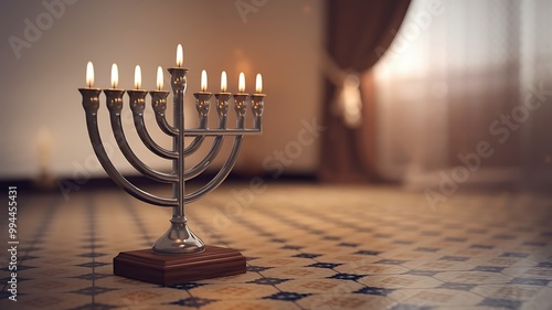 A silver menorah with eight lit candles sits on a tiled floor with a blurred background of a window and curtains. photo