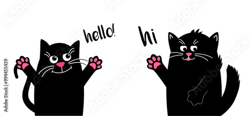 hello answered hi. Cute cat at home. black cat. Vector illustration in a flat style. For printing on cup, t-shirts or Greeting card.