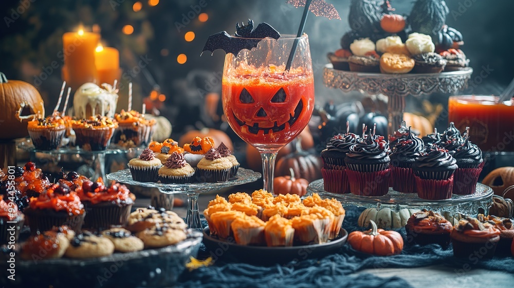 A festive Halloween party spread with a variety of creative and spooky treats, including cupcakes, cookies, and punch A festive Halloween party spread with a variety of creative and spooky treats, including cupcakes, cookies, and punch