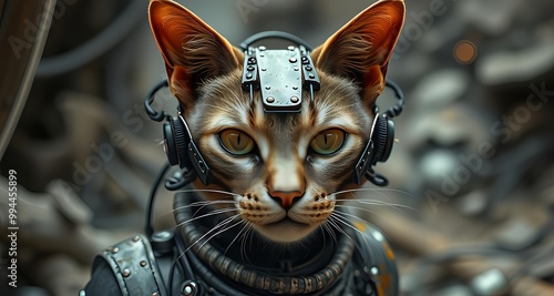 A surreal mix of feline and cybernetic elements, showcasing futuristic innovation and imaginative design. photo