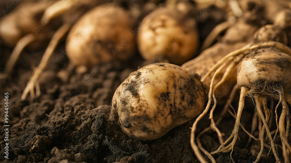 Potato freshly dug from ground, soil and dirty root vegetable, raw agriculture produce from field, organic farm food plant Potato freshly dug from ground, soil and dirty root vegetable, raw agriculture produce from field, organic farm food plant