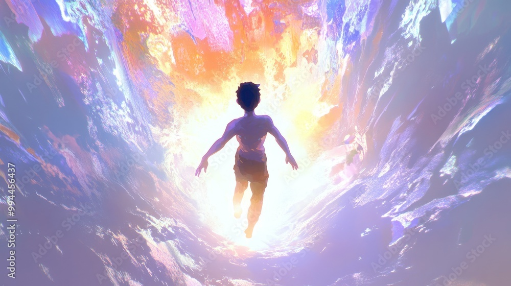 Silhouette of a Person Falling Through a Dreamy, Iridescent Sky Silhouette of a Person Falling Through a Dreamy, Iridescent Sky
