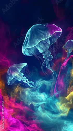 colorful magic jellyfish-mushroom world dark space background electric wallpaper