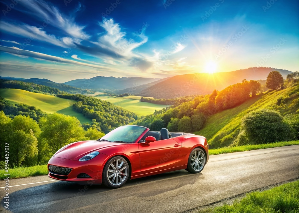 Fototapeta premium Sleek Cabriolet Sports Car Parked on a Scenic Road Surrounded by Lush Nature and Blue Skies