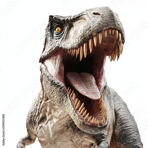 Fierce Tirannosaurus rex dinosaur with open mouth roaring. T-Rex isolated in white background. photo