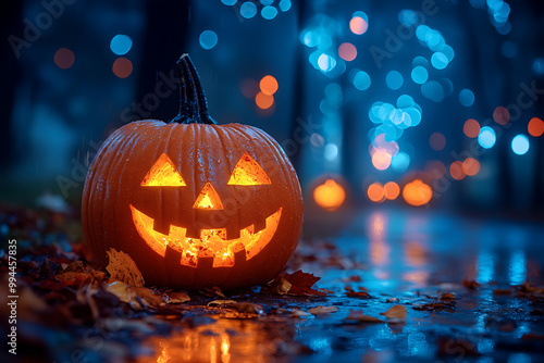 A carved Jack-o'-lantern illuminated in a misty, eerie Halloween setting, surrounded by pumpkins and autumn leaves in front of a haunted house. 